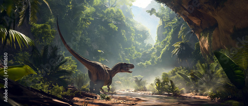 Panorama of t-rex dinosaur in prehistoric jungle