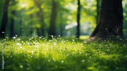 Wild grass foliage and blurred green trees with sunbeams light bokeh background. Natural serene sunny spring background concept.