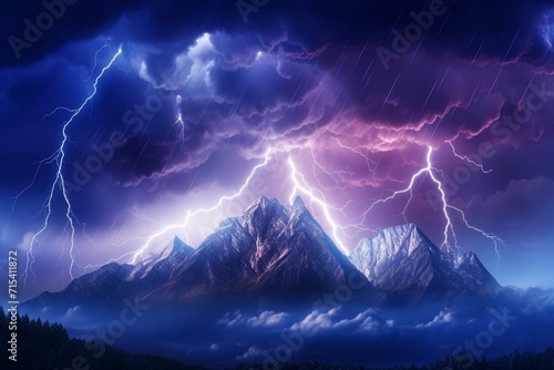 Dramatic stormy night sky with lightning bolts over mountain landscape. Flashes of light from thunder and lightning. 3D illustration. Generative AI