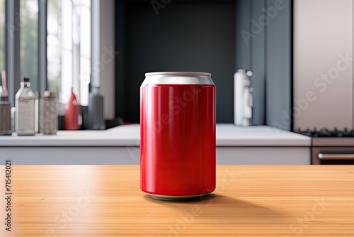 Vibrant Red Soda Can Mockup on Wooden Kitchen Table.