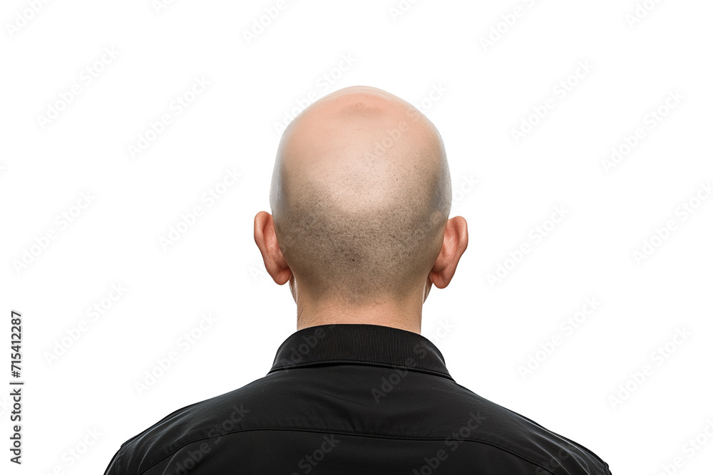 Rear view of a bald man's head and upper shoulders against a transparent background, depicting the concept of baldness or hair loss isolated on transparent background