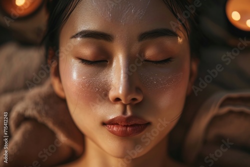 Close-up portrait of a resting Asian woman. The concept of healing, relaxation, rejuvenation and restoration of the body. 