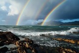 Triple rainbow over the coast. The concept of an unusual natural phenomenon.
