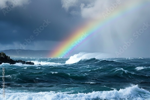 Rainbow against the backdrop of sea waves and dark sky. The concept of an unusual natural phenomenon. 