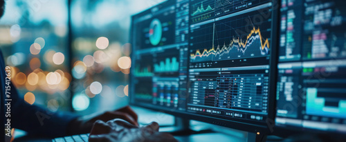 analyst uses computer and dashboard for data business analysis and Data Management System with KPI and metrics connected to the database for technology finance, operations, sales, marketing