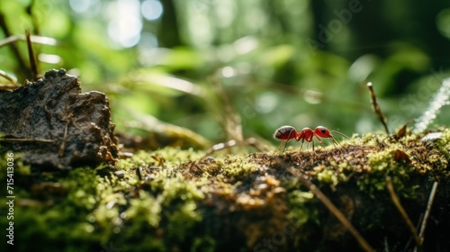  a couple of red ants standing on top of a green moss covered forest floor next to a leafy tree.