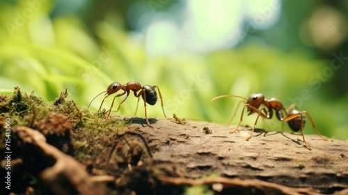  a group of ants standing on top of a log in front of a green forest filled with lots of leaves.