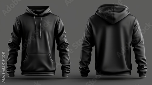 Set of black front and back view tee hoodie hoody sweatshirt on transparent background cutout, PNG file. Mockup template for artwork graphic design photo