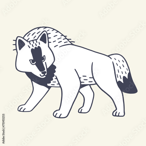 Wild woodland animal, bad forest beast outline. Angry furry predator standing, follows. Dangerous aggressive wolf leader contour sketch in childish style. Flat hand drawn isolated vector illustration