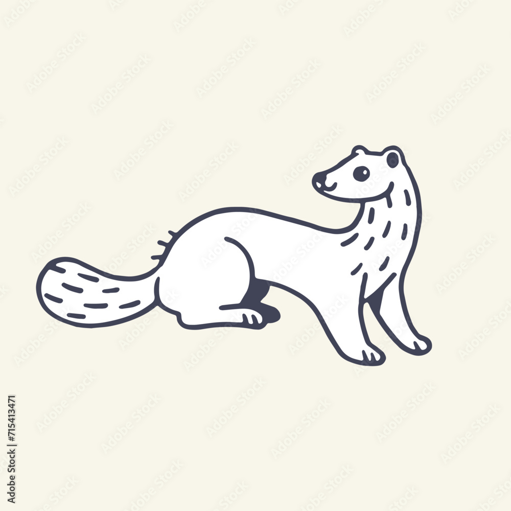 Cute woodland animal, funny fluffy pet outline. Lovely forest polecat, domestic ferret, friendly weasel. Furry mink contour sketch in childish style. Flat hand drawn isolated vector illustration
