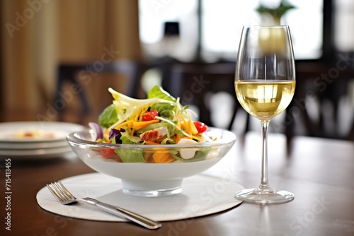 elegant dining: salad course with wine glasses and cloth napkins