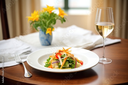 elegant dining  salad course with wine glasses and cloth napkins