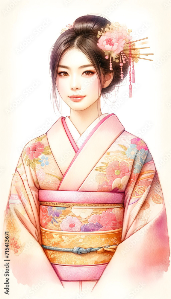 美しい刺繍が施されたピンク色の着物を着たカメラ目線の美しい日本人女性