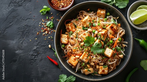Stir-fried rice noodles with tofu, bean sprouts. Generative Ai.