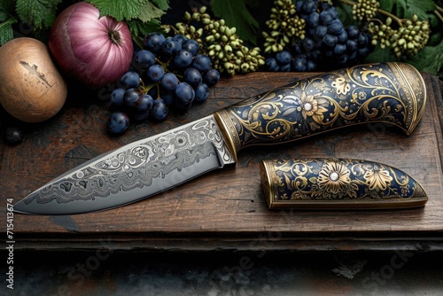 Foto One Stylish Damascus steel kitchen knife on a wooden board