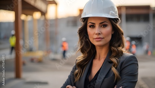Woman wearing a hard hat in construction, corporate businesswoman