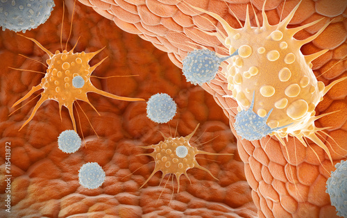 Natural killer T cells attacking cancer cells, illustration photo