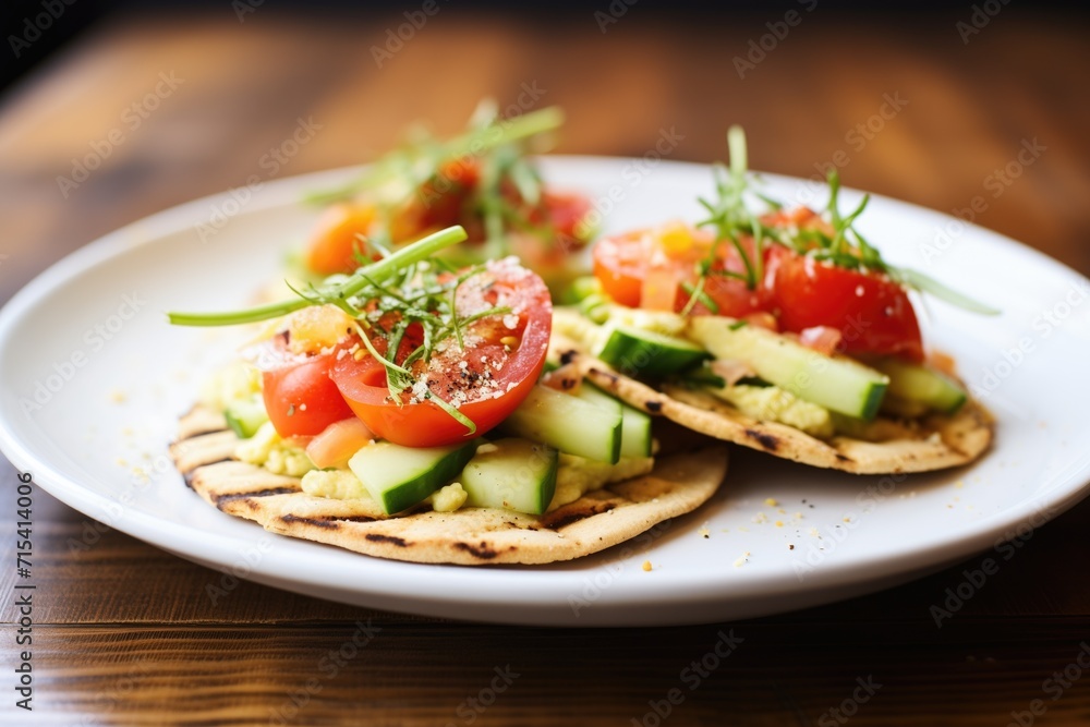 pita sandwich with hummus, cucumber, and tomato slices pita sandwich with hummus, cucumber, and tomato slices