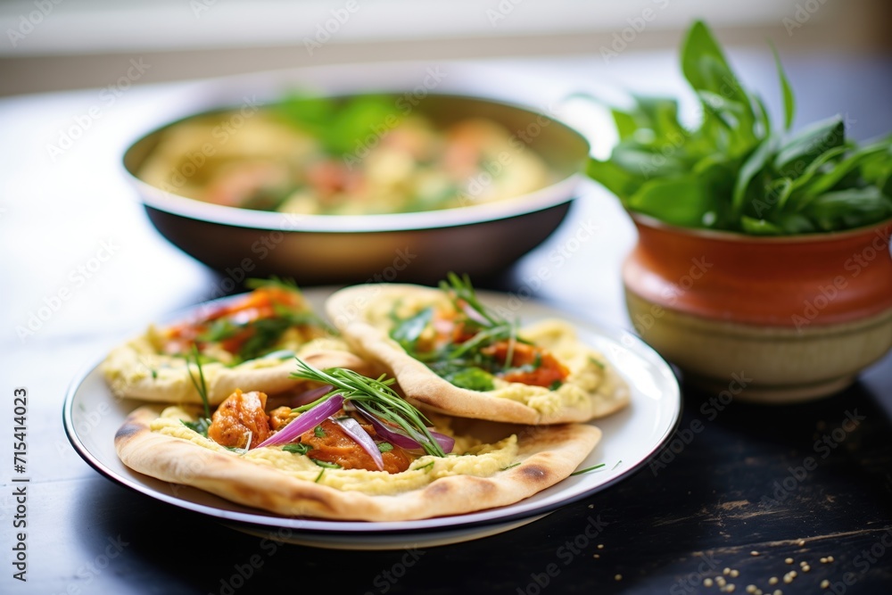 Fototapeta premium freshly baked pita loaves beside creamy bowl of hummus