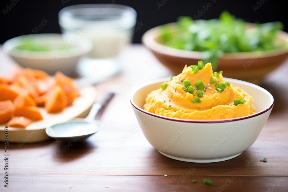 sweet potato hummus with a sprinkle of chives, spoon in bowl sweet potato hummus with a sprinkle of chives, spoon in bowl