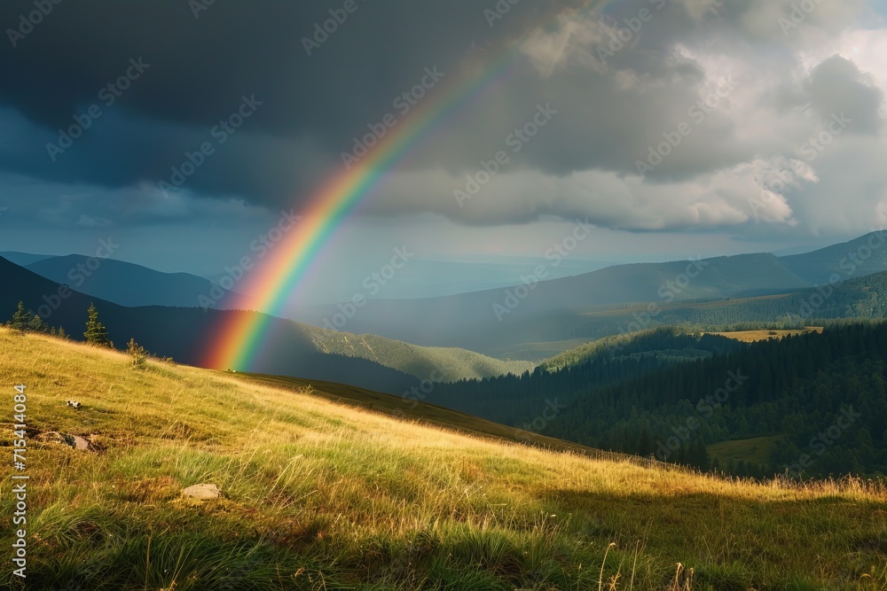 Rainbow against the backdrop of an illuminated field and dark heavy clouds. The concept of an unusual natural phenomenon.
