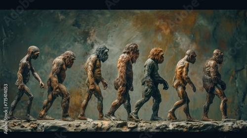Fotografie, Tablou The Evolution of Hominids in Prehistory. Generative Ai.