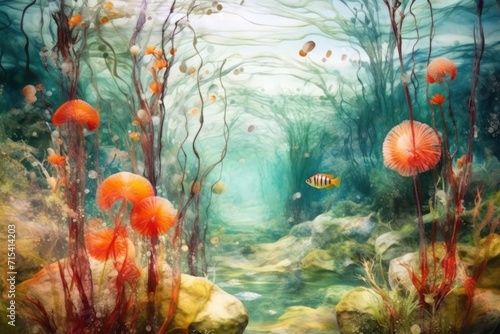  a painting of an underwater scene with corals  fish  and seaweed on the bottom of the water.