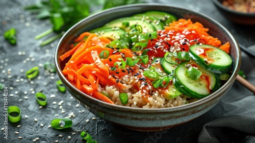 Sushi bowl made of brown rice with pickled vegetables. Generative Ai.