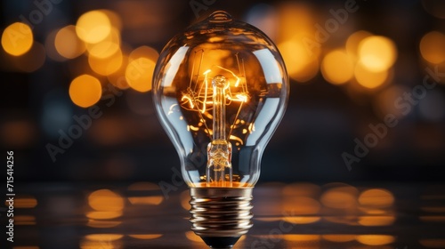  a light bulb sitting on top of a table next to a blurry image of a city in the background.
