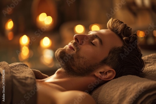 A man is relaxing at home against the backdrop of candles. The concept of healing  relaxation  rejuvenation and restoration of the body.   