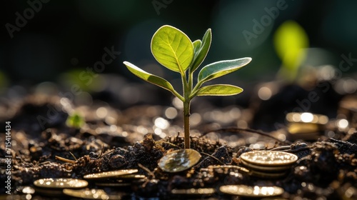  a small plant sprouting out of a pile of coins on top of a pile of dirt with water droplets on the ground.