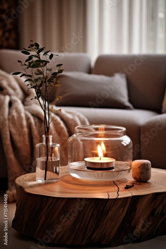 Candle in the transparent glass on wooden round stand in the living room with soft sofa background in the style of norwegian nature, luxurious interiors design 