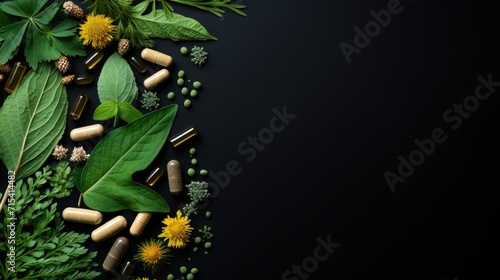 Herbs, leaf herbal, and capsule arrangement and isolated on dark background. Medical and healtcare background concept. photo