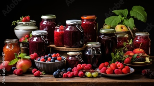  a wooden table topped with lots of jars filled with different types of fruit next to a bowl of berries and a bowl of raspberries.