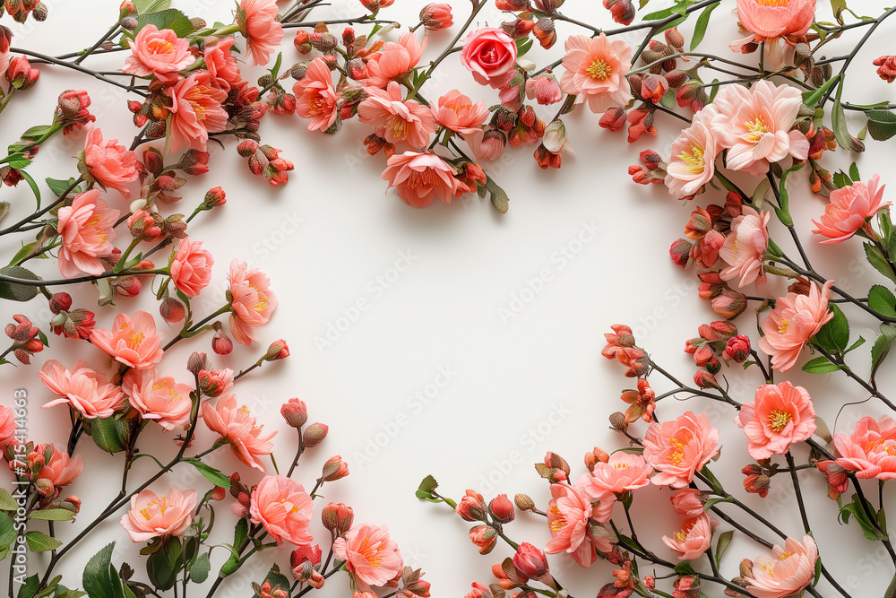 A heart-shaped arrangement of pink blossoms and buds on a light background, suitable for concepts like spring, love, Mother's Day, or Valentine's Day