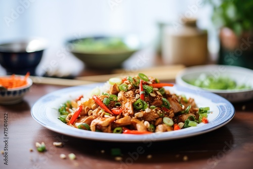 kung pao chicken with red pepper flakes on top