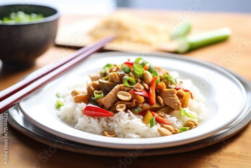 kung pao chicken over white rice on a plate