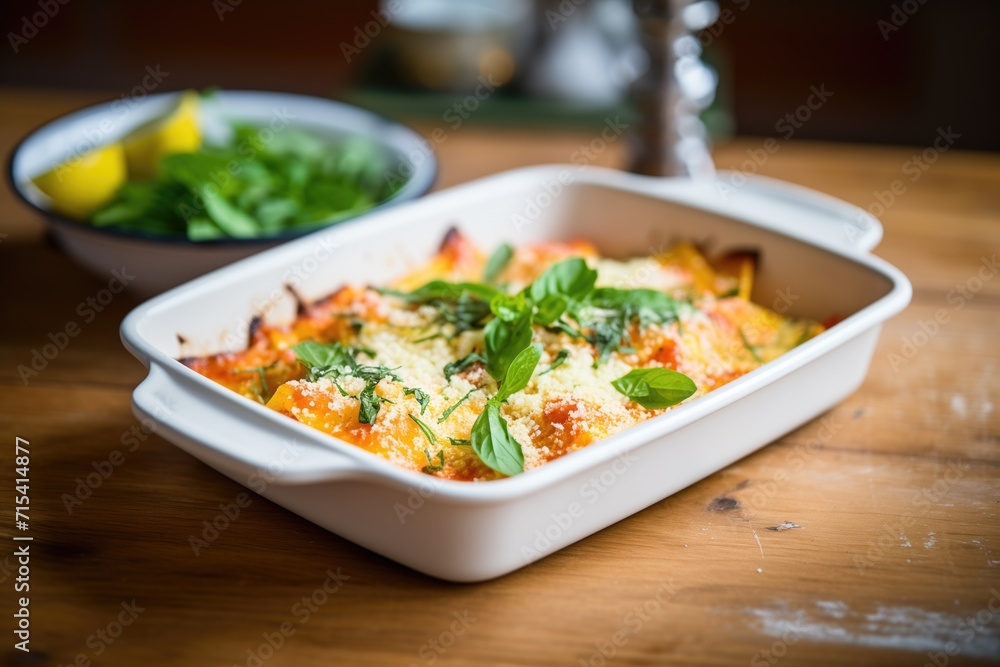 fresh lasagna in baking dish with melted cheese top fresh lasagna in baking dish with melted cheese top