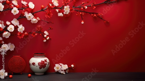 Red and white beautiful flower in red background. Decorations for chinese new year festive celebration with blanked copy space for text.