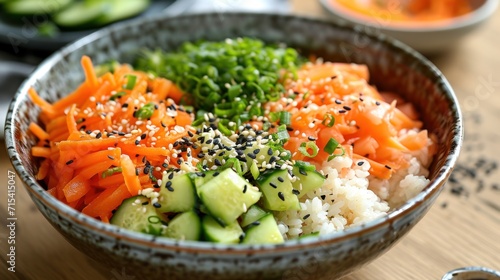 Sushi bowl made of brown rice with pickled vegetables. Generative Ai. photo