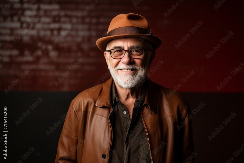Portrait of a senior man wearing a hat and leather jacket.