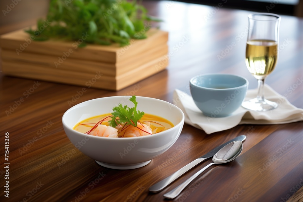 bowl of lobster bisque with cream swirl on wooden table bowl of lobster bisque with cream swirl on wooden table