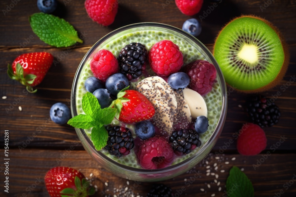 a smoothie with berries, kiwis, and mint on a wooden table next to sliced kiwis. a smoothie with berries, kiwis, and mint on a wooden table next to sliced kiwis.