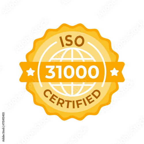 ISO 31000 Certified Emblem. A sophisticated, golden certification badge symbolizing adherence to the ISO 31000 risk management guidelines