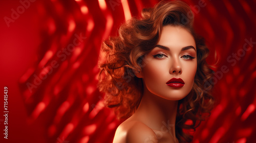 Elegant woman, red background pattern, copy space, glamorous
