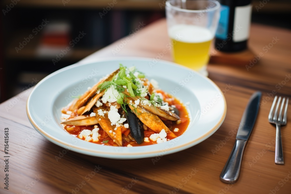 mussel saganaki with feta cheese in tomato sauce mussel saganaki with feta cheese in tomato sauce