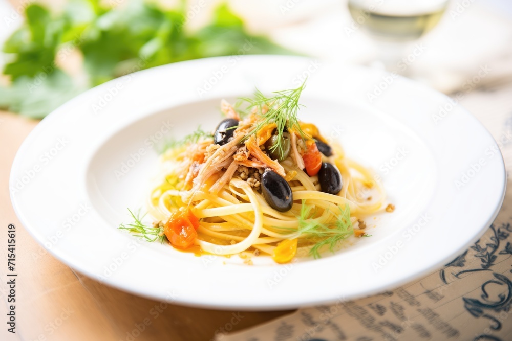 plate of pasta puttanesca with anchovies and olives plate of pasta puttanesca with anchovies and olives