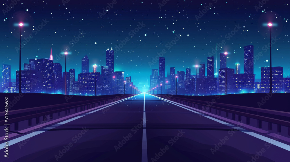 Road to night city empty highway with glowing street lamps and skyline with urban architecture. 