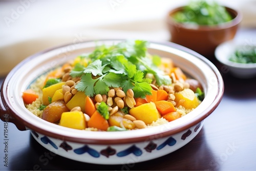 moroccan tagine with chickpeas, apricots, and almonds