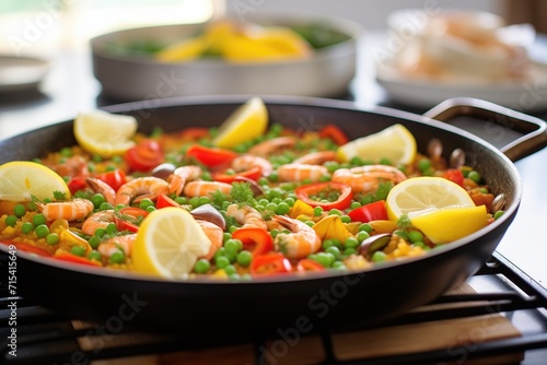paella with seafood, peas and bell peppers in a cooking pan
